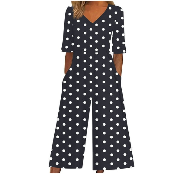 Edvintorg Summer Jumpsuits for Women 2025 Fashion Polka Dot Printing Short Sleeve V Neck Back Zipper Wide Leg Jumpsuit with Pocket Vacation Clothes