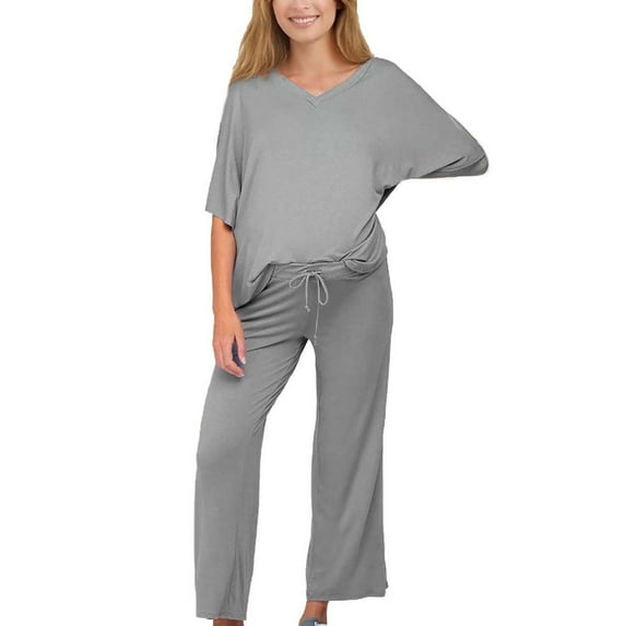 Edvintorg Summer Maternity Lounge Set Women Fashion Solid Color Loose V-Neck Short Sleeve Shirt and Trousers Maternity Sets 2 Piece Outfits Loose Casual Pregnancy Sleepwear