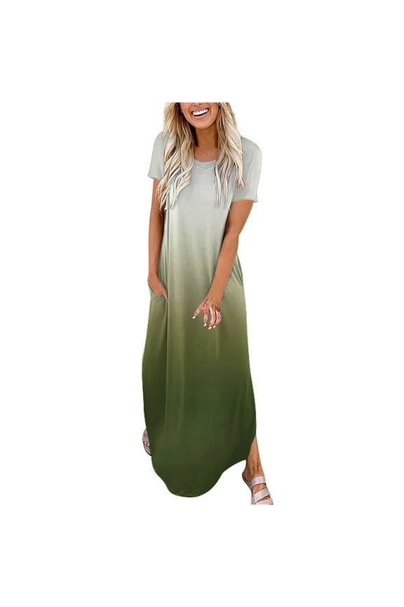 Summer Maxi Dress Women Fashion Women Gradient Printed Round Neck Short Sleeve Casual Long Dresses Beach Outfits for Women