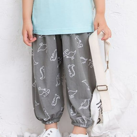 Edvintorg Summer Pants for Boys Kawaii Clothings Kids Boy Casual Cotton Linen Strap Dinosaur Print Mosquito Proof Pants Homewear 2-6 Years