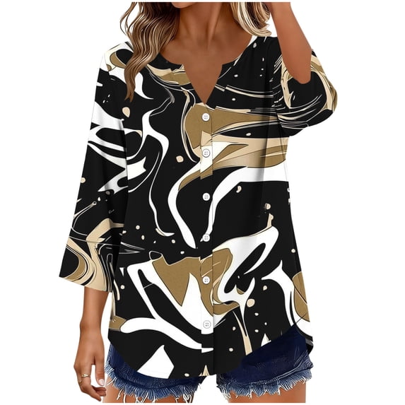 Edvintorg Summer Shirts for Women Printed Dressy Casual 3/4 Sleeve Tunic Tops Fashion V Neck Lightweight Button Down Blouse Clothes Women Black XXL