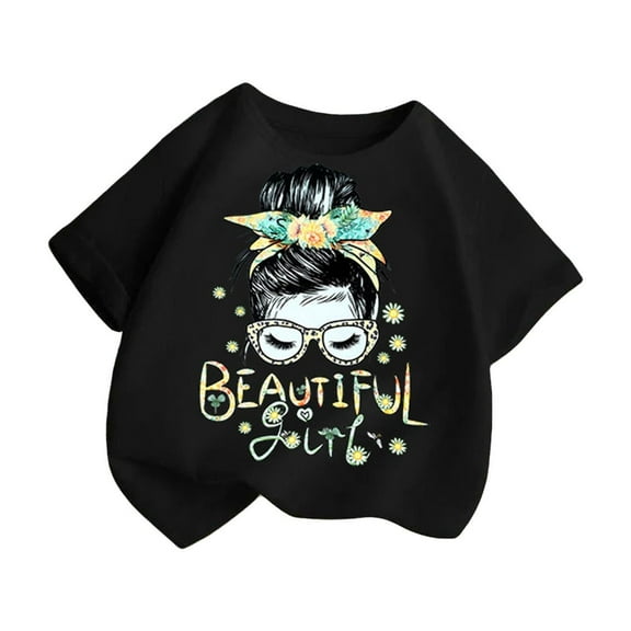 Edvintorg Summer Short Sleeve Shirts for Girls Cute Printed Crewneck Casual Cotton T-Shirts Children Clothes Girls 2-14 Years