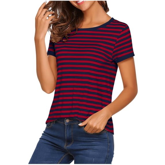 Edvintorg Summer Tops for Women Striped Loose Fit Crew Neck Short Sleeve Casual Shirts Women’S Clothing Wine M