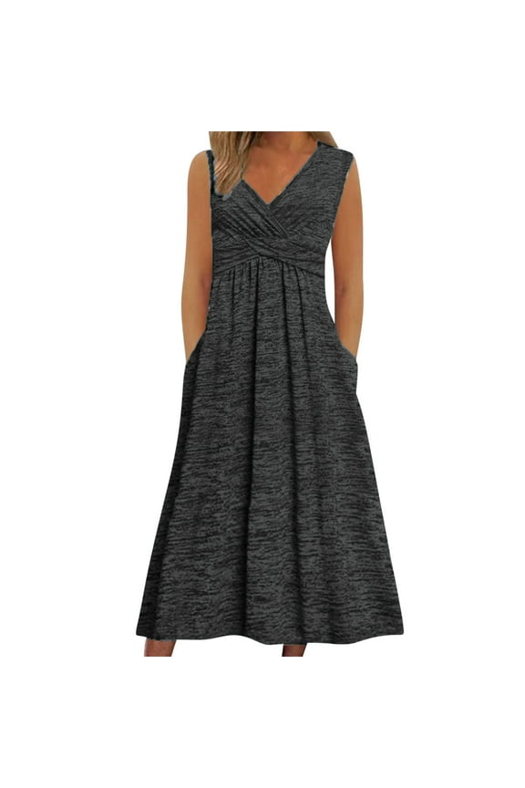 Sundresses for Women 2025 Plus Size Dresses Fashion Solid Color V-Neck Sleeveless Summer Casual Dresses with Pocket