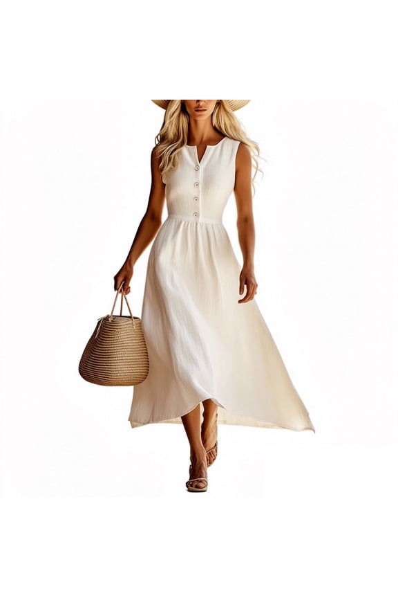 Sundresses for Women 2026 Vacation Button Down V-Neck Sleeveless Beach Dresses Summer Casual Flowy Midi Dress