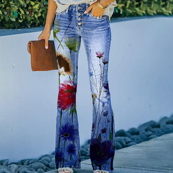 Edvintorg Sunflower Jeans for Women Casual Plus Size Denim Jeans Pants Elastic Waist Buttons Thin Stretch Skinny Flare Pants Trousers Streetwear Retro Jeans