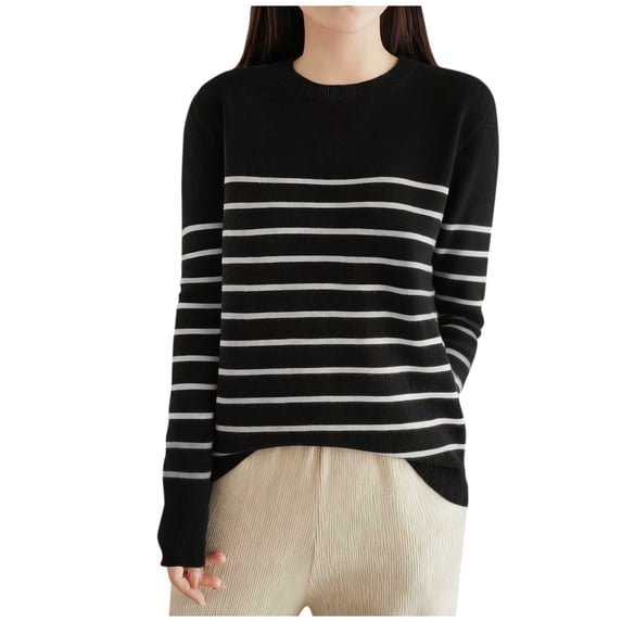 Edvintorg Sweaters for Women Fashion Striped Crew Neck Long Sleeve Loose Casual Pullover Knit Sweater Women's Clothing S-2XL Black