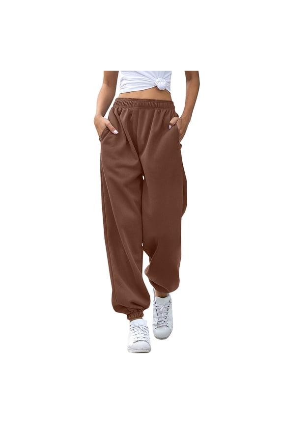 Sweatpants Women Plus Size Clothing Solid Color Elastic Waist Casual Pants Trousers with Pocket Joggers for Women Brown XXXL