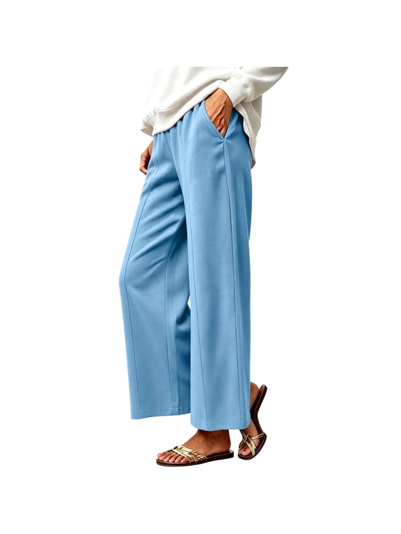 Sweats for Women Loose Casual Elastic Waisted Wide Leg Jogger Solid Color Athletic Pant with Pocket Plus Size Women Clothing Blue S-3XL