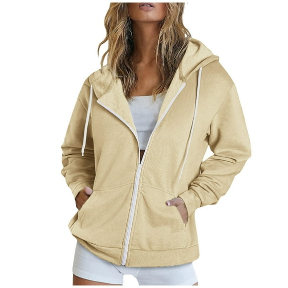 Edvintorg Sweatshirt For Women Casual Full Zip Up Hoodie Comfy Loose Long Sleeve Sweatshirt Solid Color Jacket With Pockets On Clearance