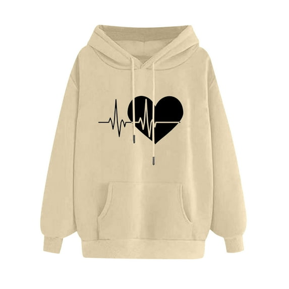 Edvintorg Sweatshirt For Women Loose Fit Fashion Heart Pattern Printed Pullover Sweaters Women's Hooded Pocket Drawstring Sweatshirts On Clearance