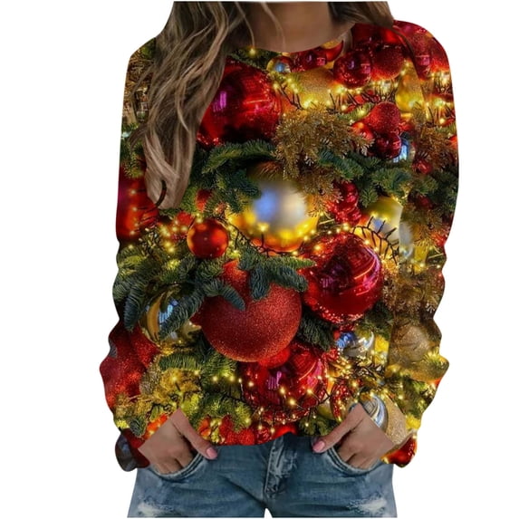 Edvintorg Sweatshirt for Womens Fashion Christmas Gift Christmas Print Loose Long Sleeve Round Neck Pullover Top T-Shirt Plus Size Clothing