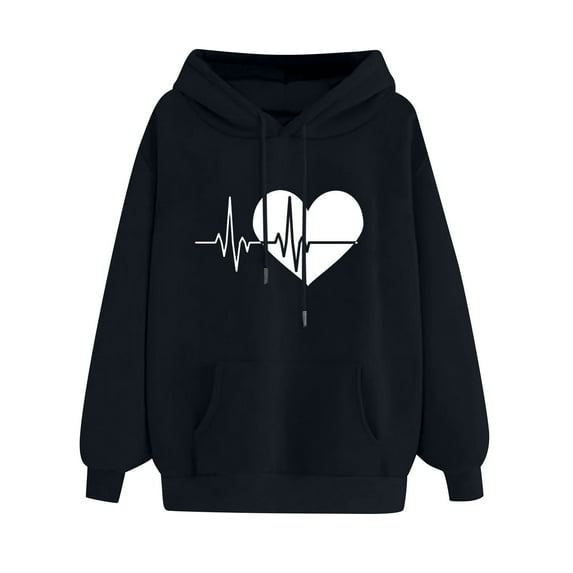 Edvintorg Sweatshirt for Women Loose Fit Fashion Heart Pattern Printed Pullover Sweaters Women's Hooded Pocket Drawstring Sweatshirts