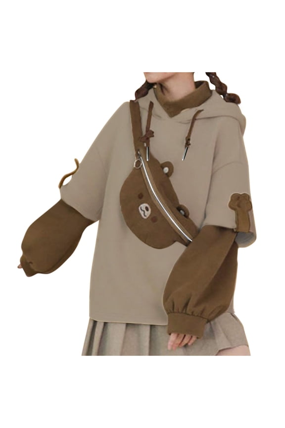 Sweatshirt with Hood Korean Style Woman's Brown Bear Hoodie Autumn Winter Long Sleeve Sweatshirt Personality Bag