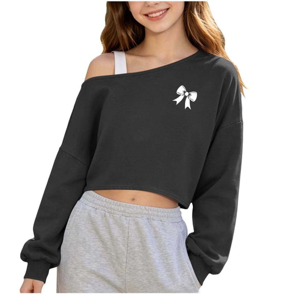Edvintorg Sweatshirts for Teen Girls One Shoulder Cropped Sweatshirt Solid Color Long Sleeve Casual Pullover Top Lightweight Little Girls Clothes Size 5-15