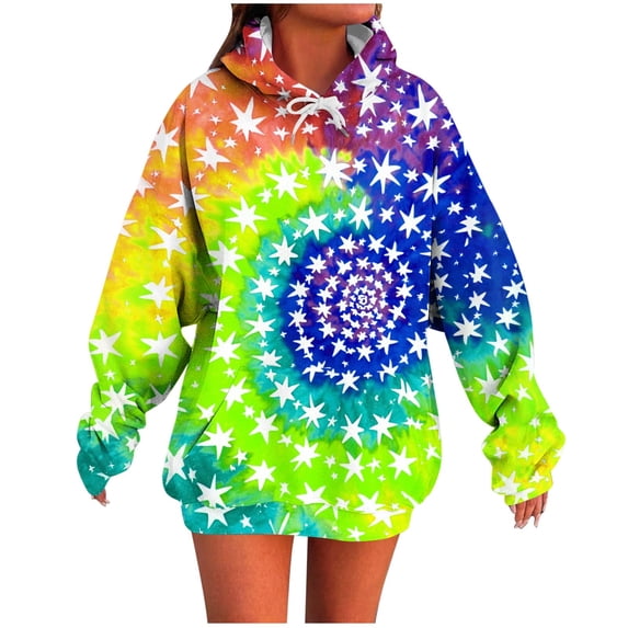 Edvintorg Sweatshirts for Women Tie Dye Printed Long Sleeve Loose Casual Hoodies Fall Winter Pullover Tops with Pockets Women Fashion Dark Blue XL
