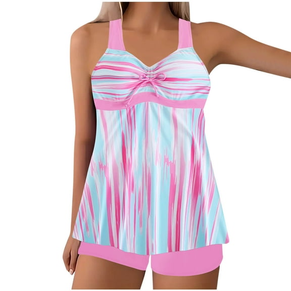 Edvintorg Swimsuit for Women 2025 Summer Two Piece Flowy Swimwear Plus Size Bathing Suits Vintage Printed Crisscross Back Adjustable Tank Top with Boyshorts