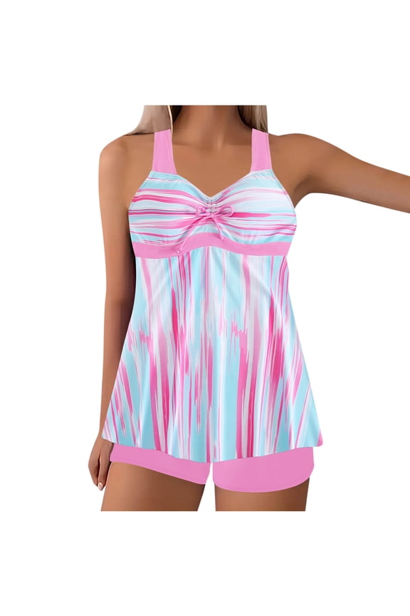 Swimsuit for Women 2025 Summer Two Piece Flowy Swimwear Plus Size Bathing Suits Vintage Printed Crisscross Back Adjustable Tank Top with Boyshorts