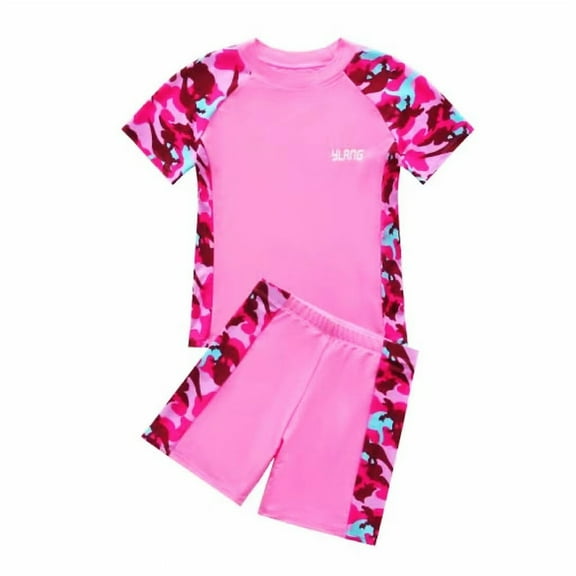 Edvintorg Teenager Swimsuits Boys Girls Printed Short Sleeve Swimwear with Swim Trunks 2 Piece Bathing Suits Summer Holiday Beach Outfits 6-16 Years