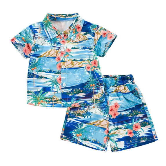 Edvintorg Toddler Baby Boys Summer Tropical Print Shirt Outfits Clothes Short Sleeve Button Down Tops + Shorts Set Clothes for Boys 1-8 Years on Clearance