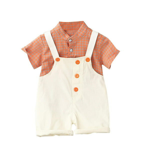 Edvintorg Toddler Boys Clothing Set New Summer Plaid Printed Short Sleeve Button Up Shirt + Short Overalls Set Kids Clothes Boys 1-5T