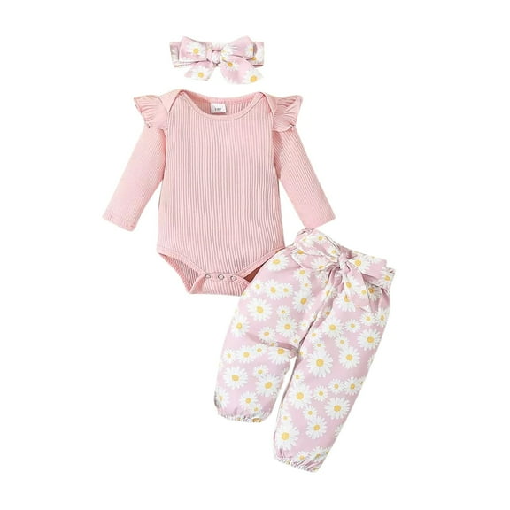 Edvintorg Toddler Fall Clothes for Girls Cute Fly Sleeve Top Shirt and Daisy Print Bow Pants Headband Three Piece Set 0-18Months Cotton Newborn Girl Clothes