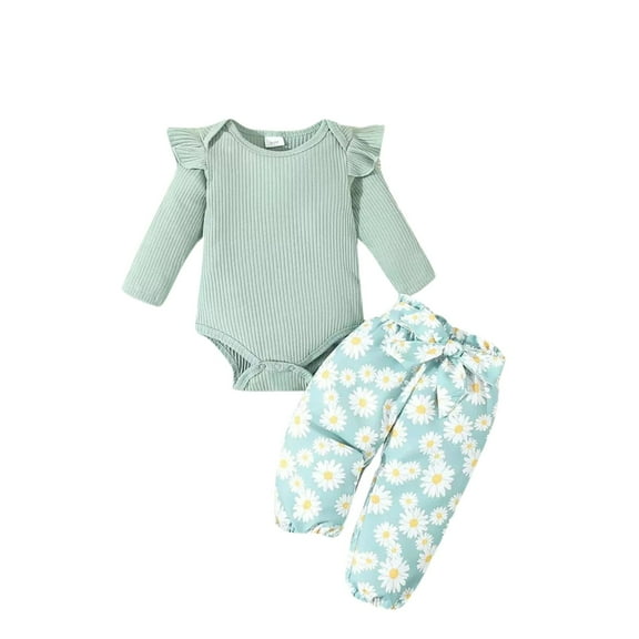Edvintorg Toddler Fall Clothes for Girls Cute Fly Sleeve Top Shirt and Daisy Print Bow Pants Headband Three Piece Set 0-18Months Cotton Newborn Girl Clothes