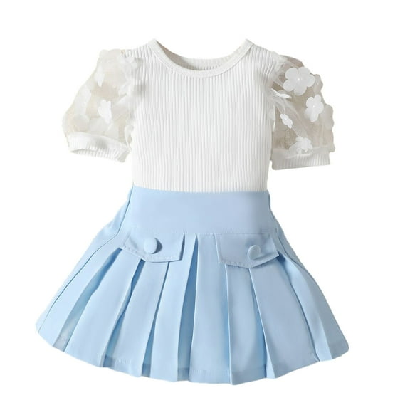 Edvintorg Toddler Girl Outfits Set Short Sleeve Flower Mesh Tops +Pleated Skirt Set 2Pcs Clothing for Children Girls 18Months-5Years School Girl Outfit for Kids