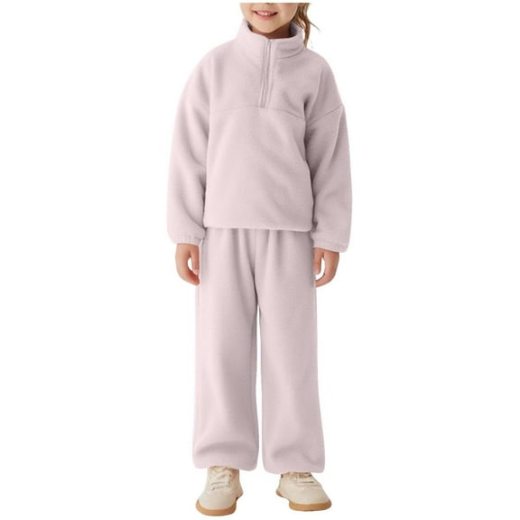 Edvintorg Toddler Girl Winter Outfits Cute Solid Color Long Sleeve Half Zip Sweatshirt and Elastic Waistband Leg Tied Pants Sets Casual Sports Suit for Kids 1-6 Years