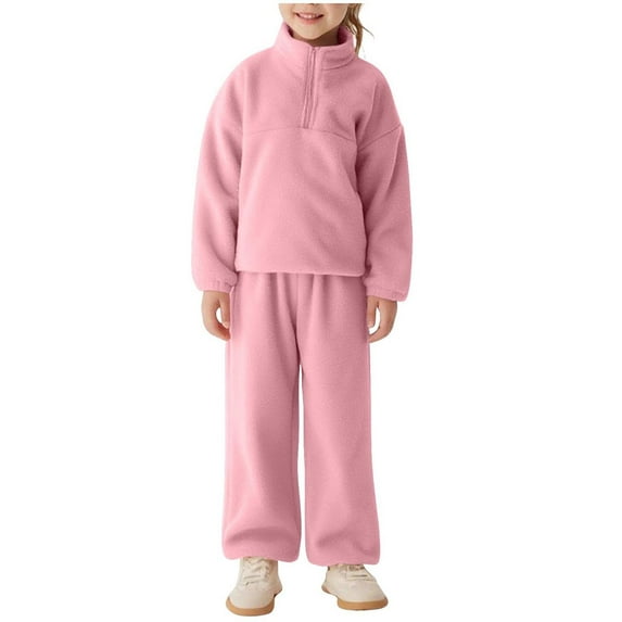 Edvintorg Toddler Girl Winter Outfits Cute Solid Color Long Sleeve Half Zip Sweatshirt and Elastic Waistband Leg Tied Pants Sets Casual Sports Suit for Kids 1-6 Years