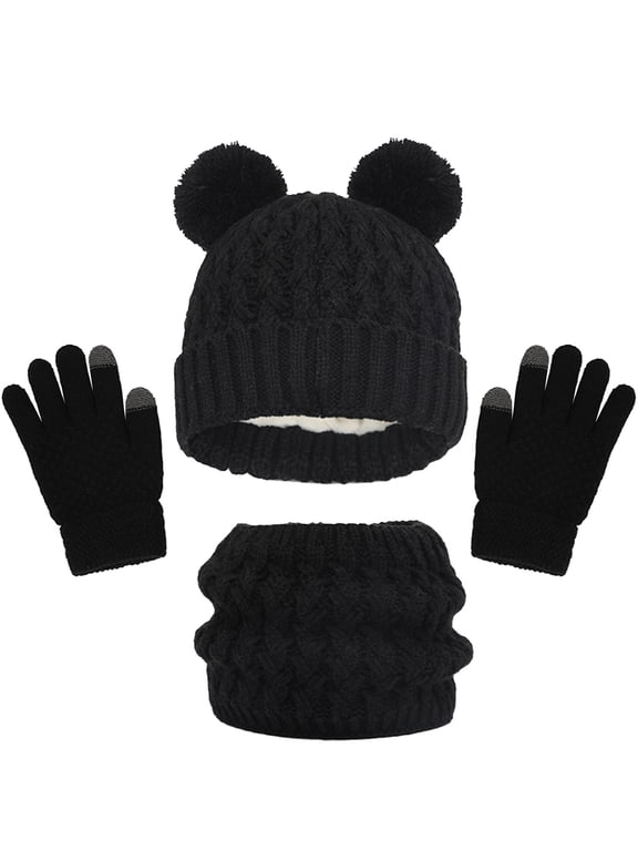 Toddler Hats Kids Winter Beanie Hat Warm Knit Thick Ski Cap with Pompom and Scarf Gloves Set for Girls Boys