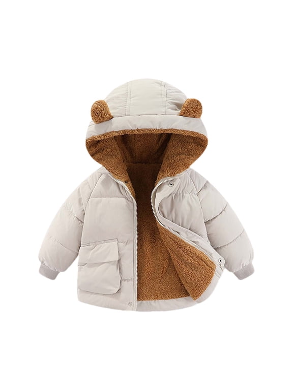 Toddler Jacket Boys Girls Solid Color Cute Bear Ear Hooded Jackets Winter Long Sleeve Thick Warm Coat with Zipper 1-7 Years School Outerwear