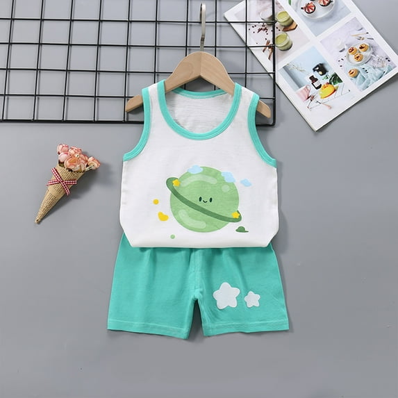 Edvintorg Toddler Kids Boys Sets Clothing Clearance Fashion Kids Clothes Girls Cute Sleeveless Vest Shorts Cartoon Print Casual Suit 6Months-5Years