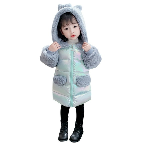 Edvintorg Toddler Kids Girls Winter Jackets Cute Cartoon Thick Hooded Down Zipper Coat Jacket 2-7T Kids Teenage Long Cotton Children Outerwear Snowsuit