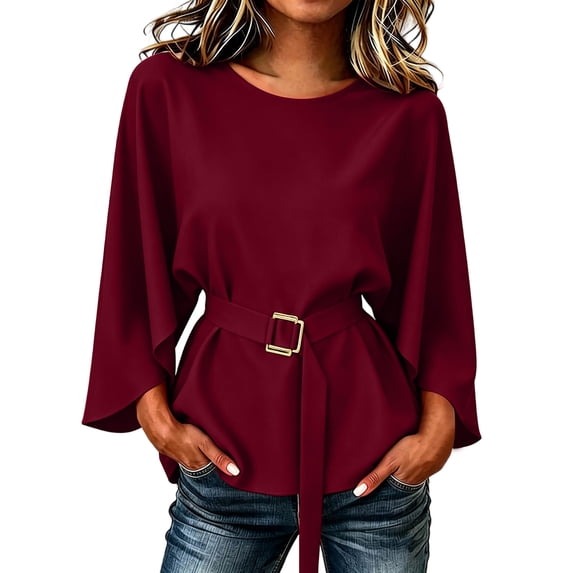 Edvintorg Tops for Women Trendy Flutter Sleeve Crew Neck Loose Casual Business Tunic Shirts with Belt Womens Clothing Wine XXL