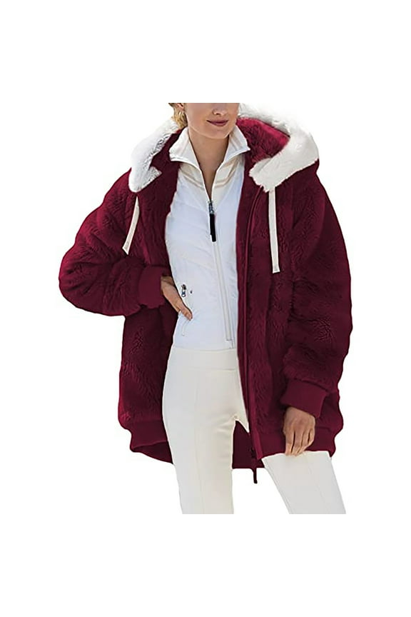 Trench Coat Women Casual Plus Size Outwears Winter Warm Loose Plush Zip Hooded Jacket Coats Red S