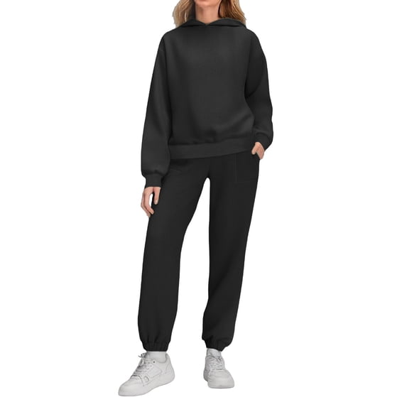 Edvintorg Two Piece Outfits for Women Solid Color Long Sleeve Hooded Sweatshirt with Jogger Pants Sweat Set 2025 Fashion Fall Clothes