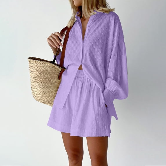 Edvintorg Two Piece Set for Women 2025 Streewear Women Summer Suit Fashion Solid Color Long Sleeve Shirt Short Trousers Casual Two-Piece Suit Purple S