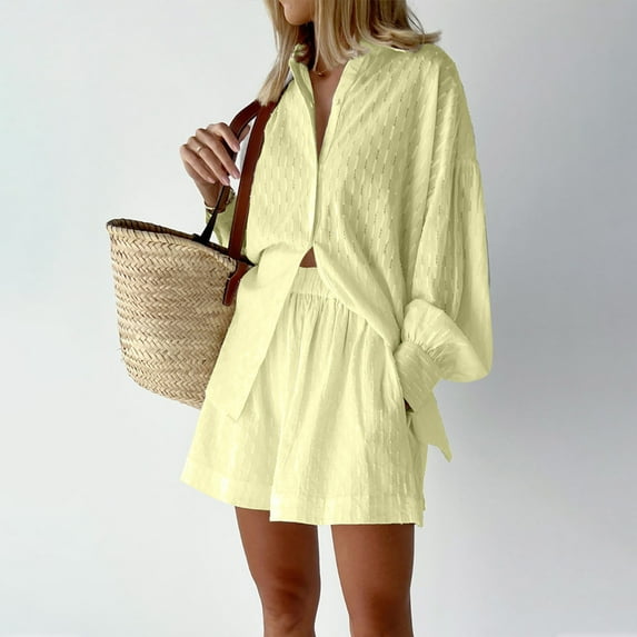 Edvintorg Two Piece Set for Women 2025 Streewear Women Summer Suit Fashion Solid Color Long Sleeve Shirt Short Trousers Casual Two-Piece Suit Yellow L