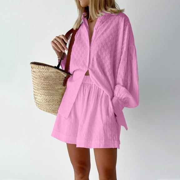 Edvintorg Two Piece Set for Women 2025 Streewear Women Summer Suit Fashion Solid Color Long Sleeve Shirt Short Trousers Casual Two-Piece Suit S