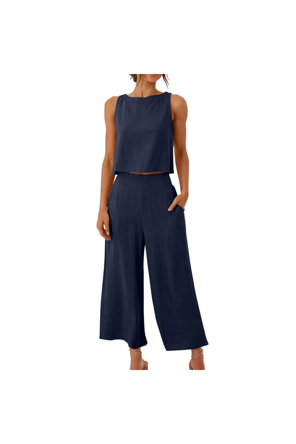 Two Piece Sets for Women Going Out 2Pc Fashion Lounge Set Round Neck Solid Sleeveless Top +Loose Pockets Pants Sets Navy M