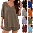 thumbnail image 1 of Edvintorg Two Piece Sets for Women Summer v Neck short Sleeve Short Sets Sweatsuit with Pocket Matching Loungewear Travel Outfits, 1 of 5