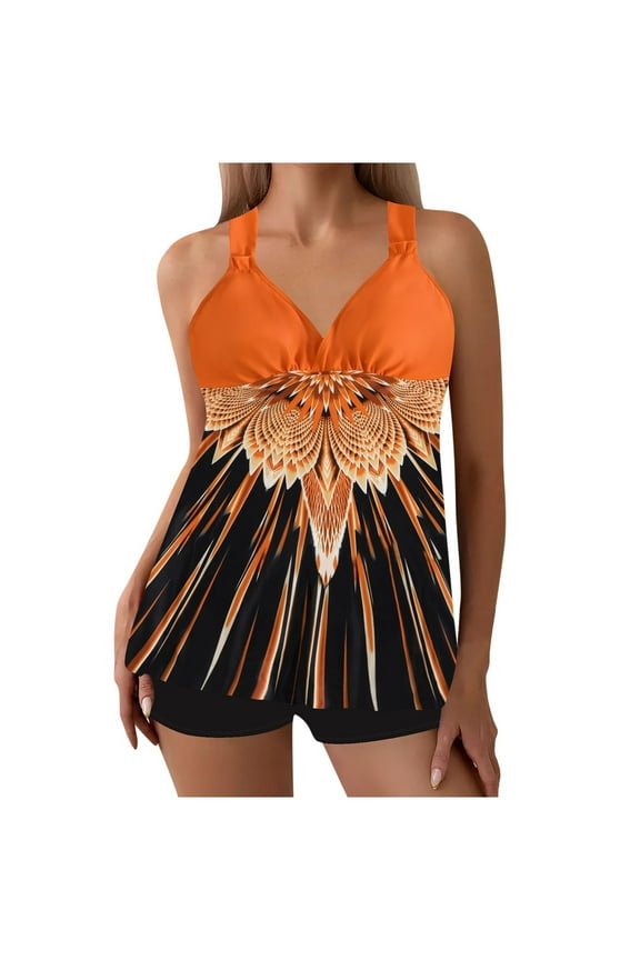 Two Piece Swimsuit for Women Plus Size Bathing Suits Fashion Printed V Neck Swim Tank Top with Boyshorts Summer Beach Flowy Swimwear