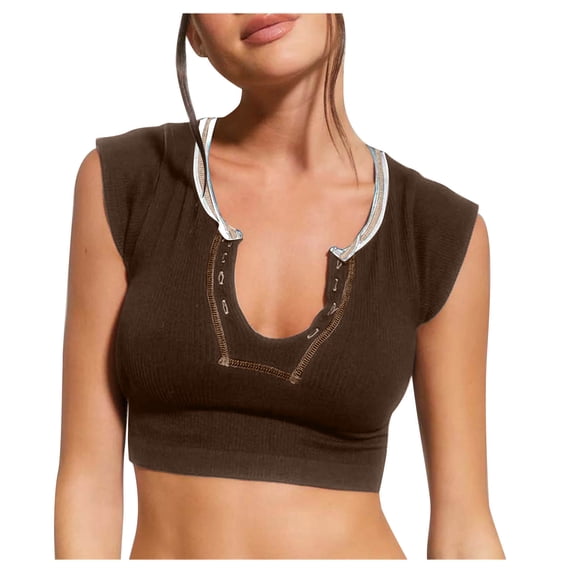 Edvintorg V Neck Crop Tops For Women Summer Clearance Solid Color Sexy Fashion Slim Fit Round Neck Top And Blouse Tank Top Fitness