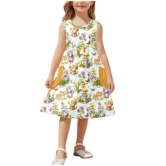 Edvintorg Vacation Dresses for Girls 2025 Summer Casual Loose Stretchy A Line Dresses Cute Printed Crewneck Beach Tank Sundresses with Pocket 3-14 Years