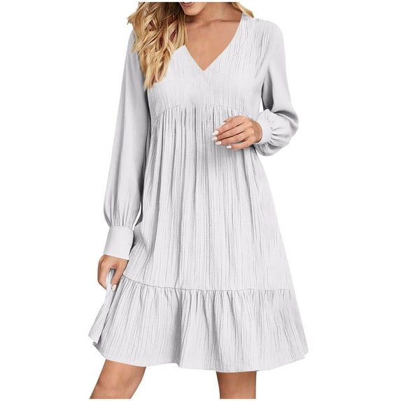 Edvintorg Vacation Dresses for Women 2025 Fall Winter Fashion Solid Color V-Neck Loose Casual Pleated Dress High Waisted Long Sleeve Work Dresses