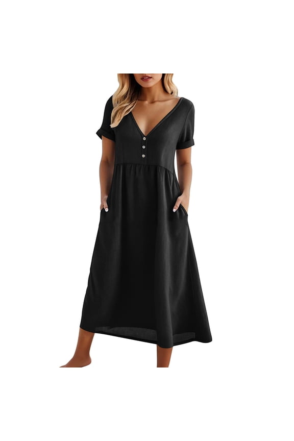 Vacation Dresses for Women V-Neck Short Sleeve Casual Beach Dress with Pockets Womens Summer Dresses