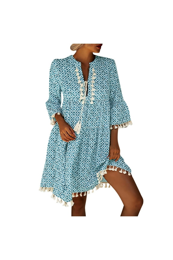 Vacation Outfits for Women 2025 Beach Dress Fashion Women Summer Casual Print Dress V-Neck Short Sleeve Loose Dress