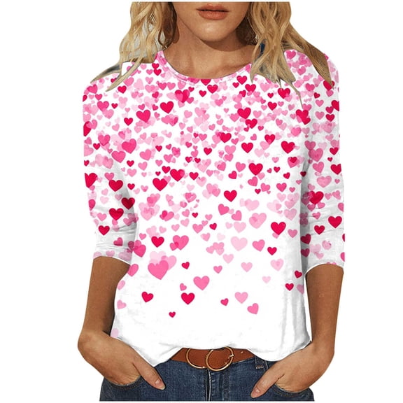 Edvintorg Valentine's Day 3/4 Length Sleeve Womens Tops Round Neck Dressy Basics Tees Casual Trendy Loose Fit T Shirts Plus Size Fashion