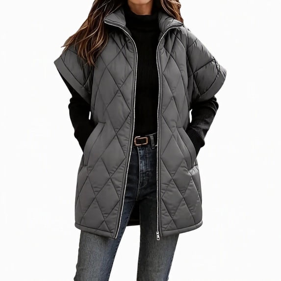 Edvintorg Vest for Women Plus Size Stand Collar Puffer Waistcoat Solid Color Zip up Long Quilted Outerwear with Pocket Womens Fashion Gray S-3XL